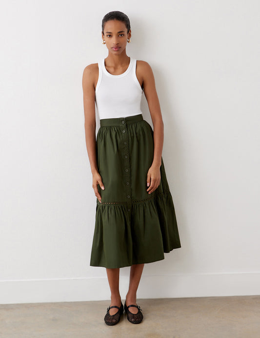 Maura Khaki Cotton Midi Skirt
