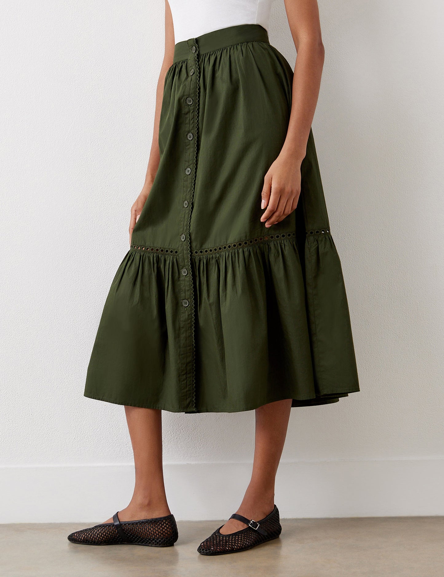 Maura Khaki Cotton Midi Skirt
