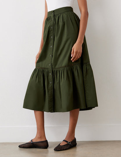 Maura Khaki Cotton Midi Skirt