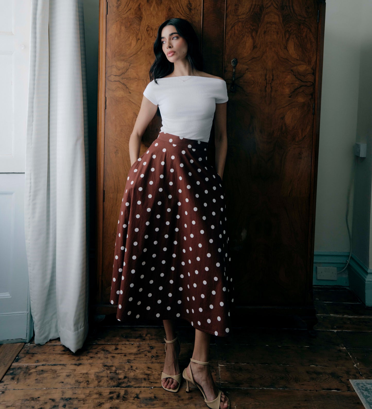 Meeka Brown Polka Dot Cotton A-Line Midi Skirt