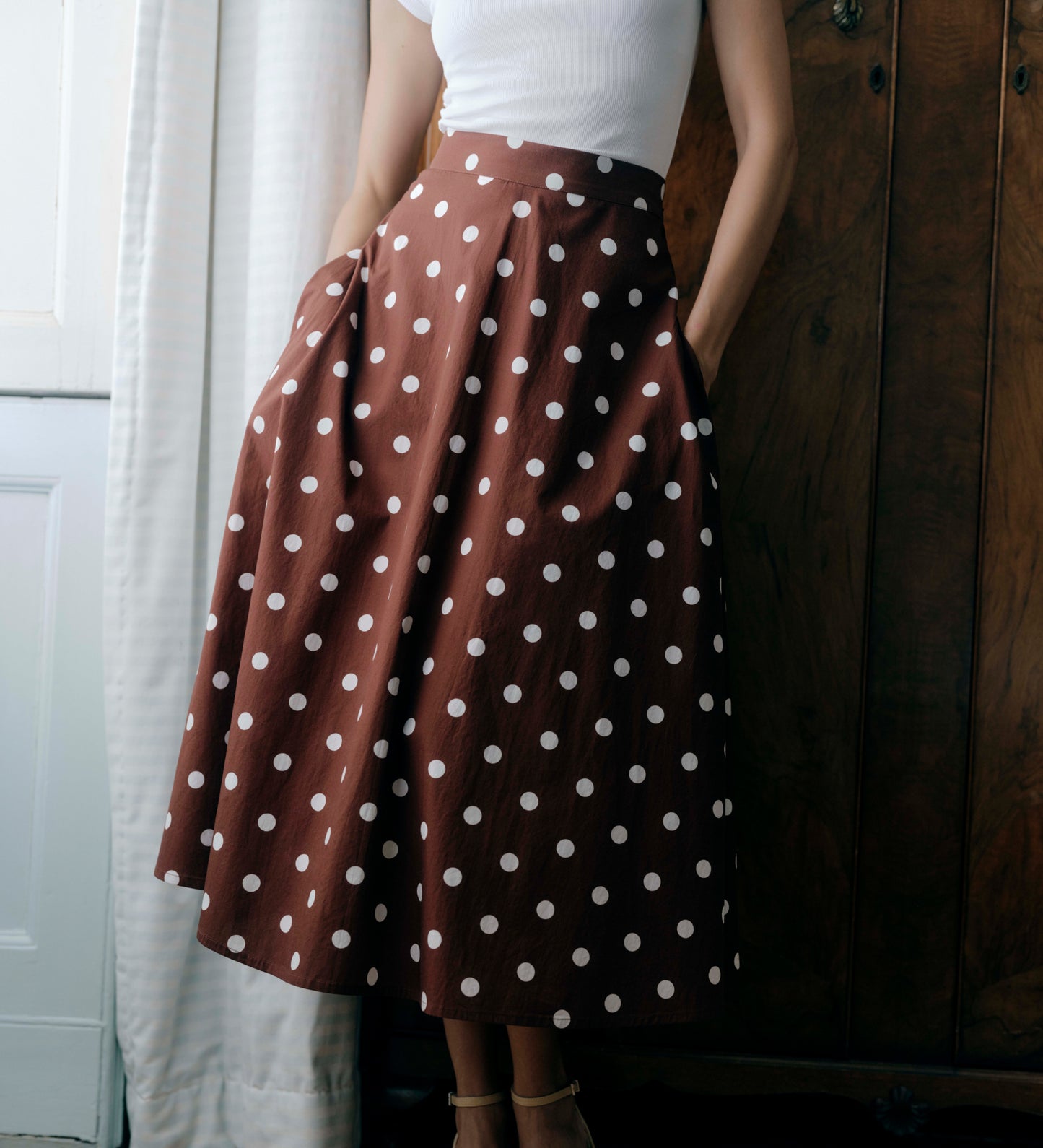 Meeka Brown Polka Dot Cotton A-Line Midi Skirt