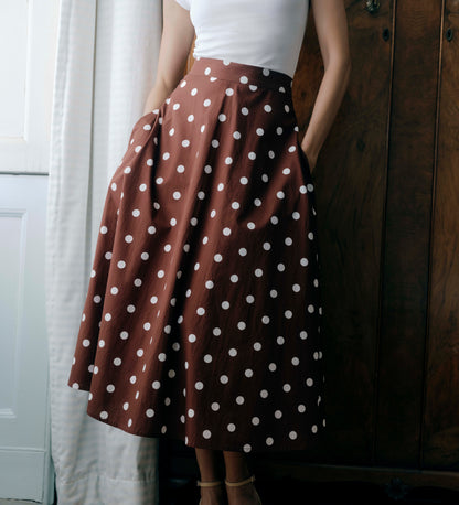Meeka Brown Polka Dot Cotton A-Line Midi Skirt