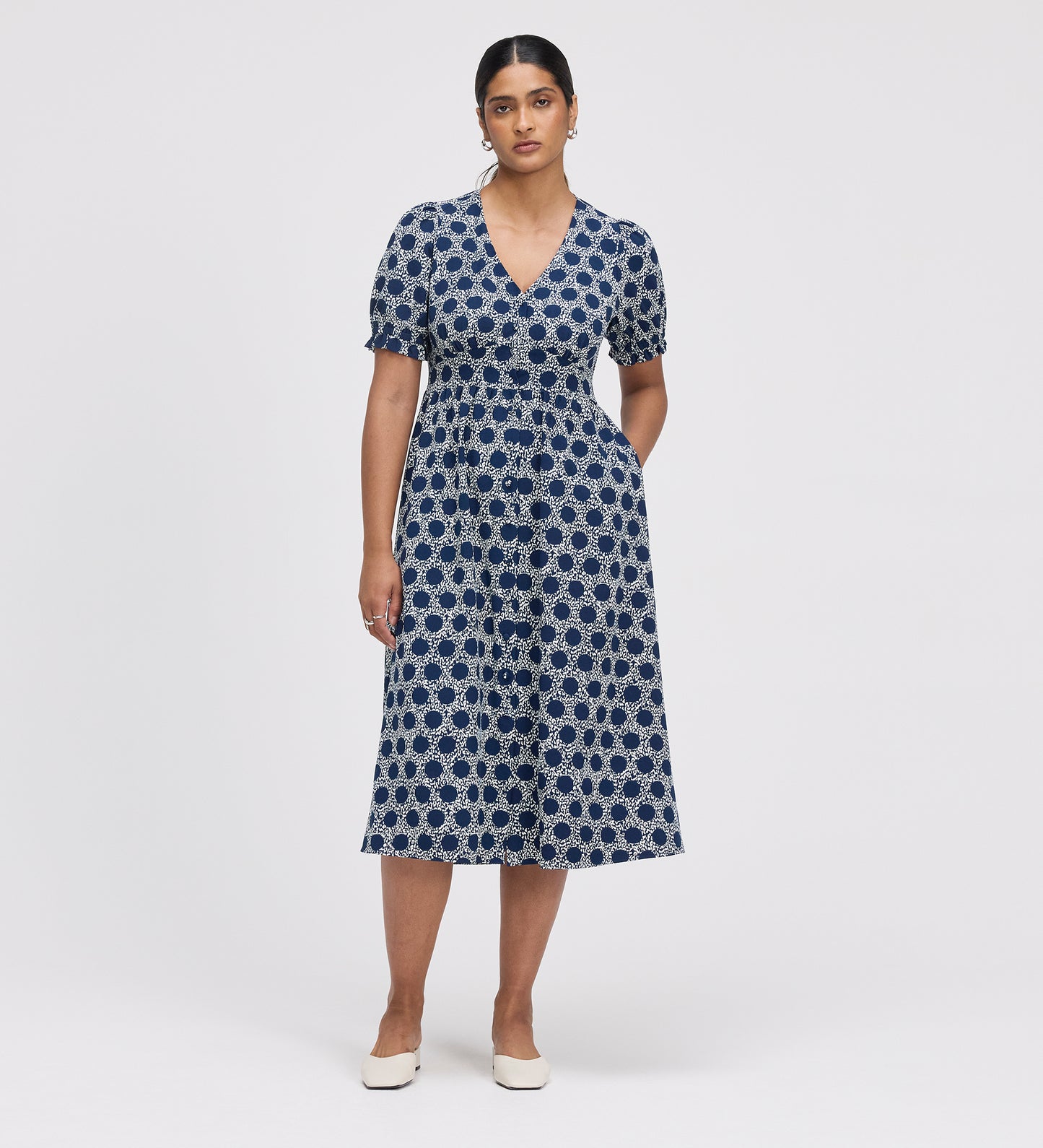 Samantha Navy Polka Dot Button Through Midi Dress