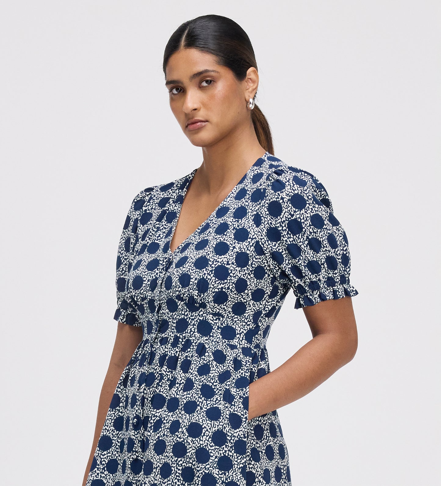 Samantha Navy Polka Dot Button Through Midi Dress
