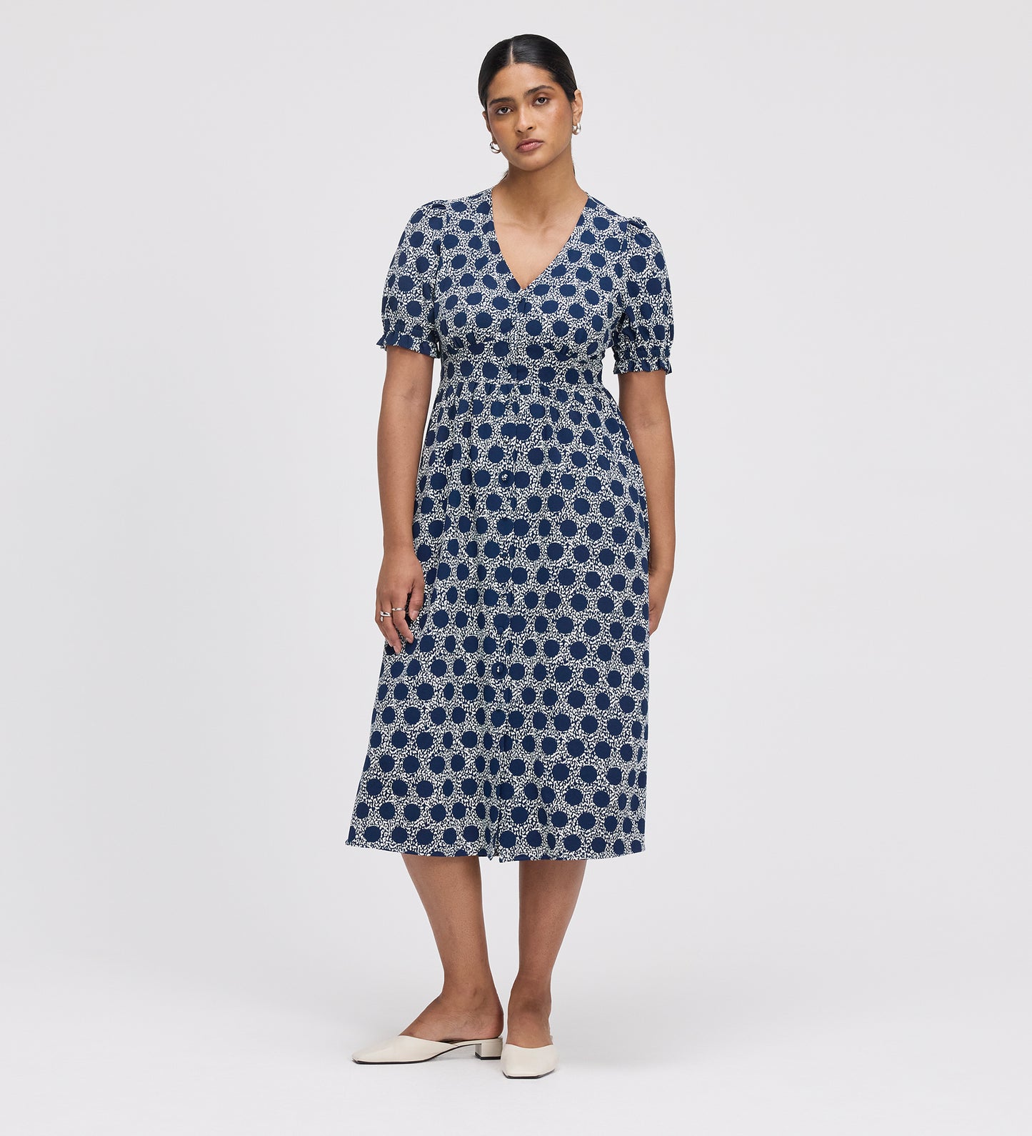 Samantha Navy Polka Dot Button Through Midi Dress