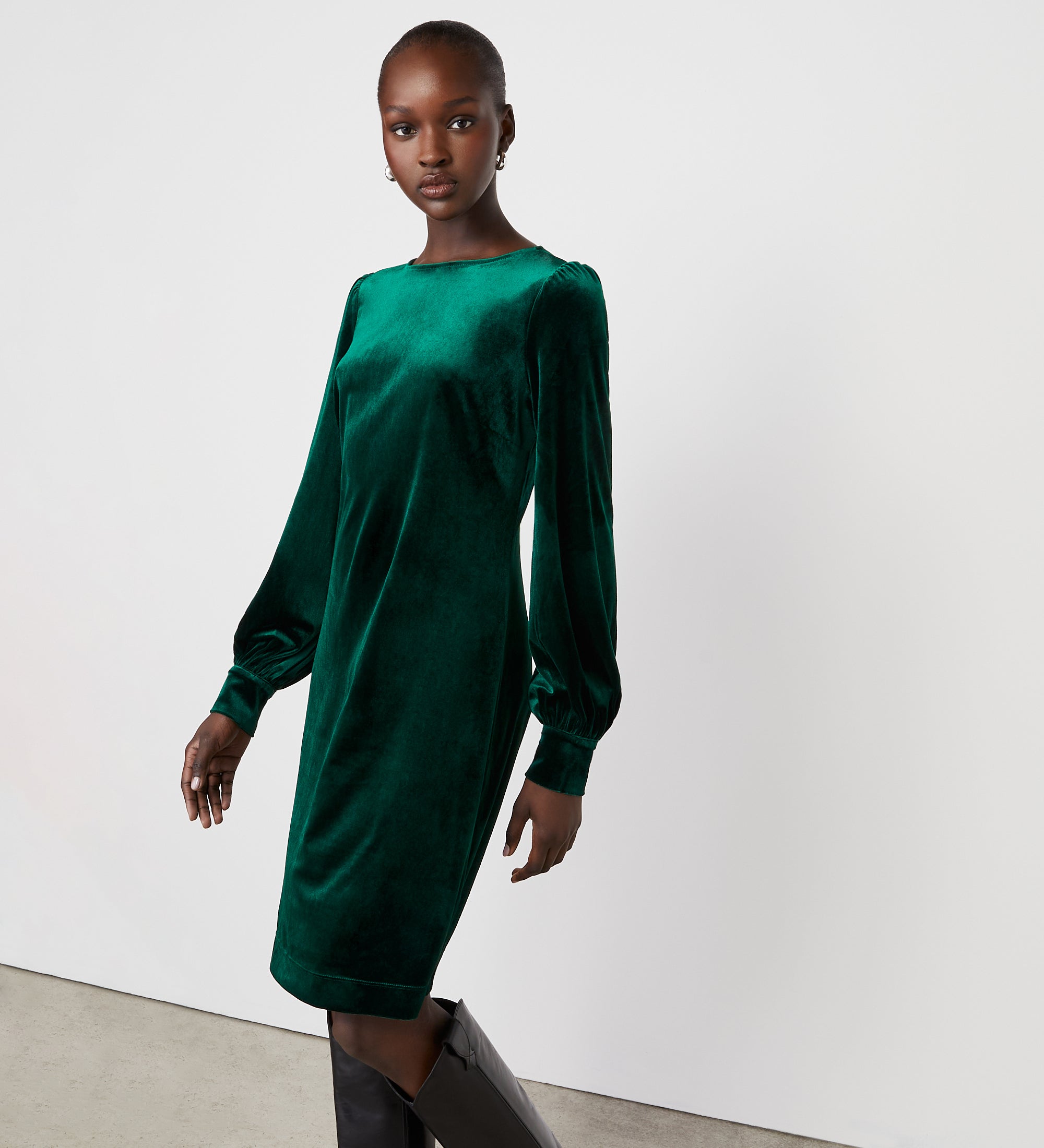 Sandrine Bottle Green Velvet Knee Length Dress – Finery London