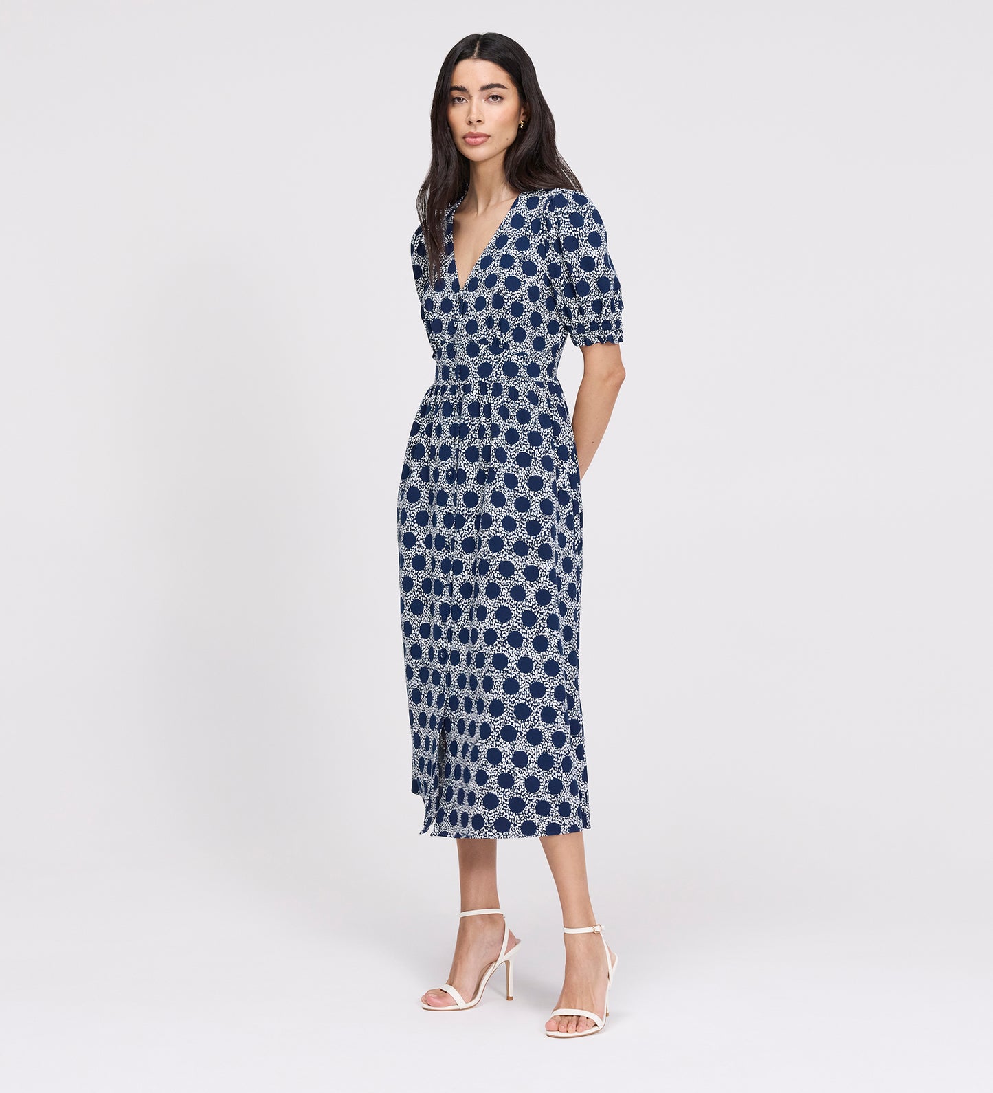 Samantha Navy Polka Dot Button Through Midi Dress
