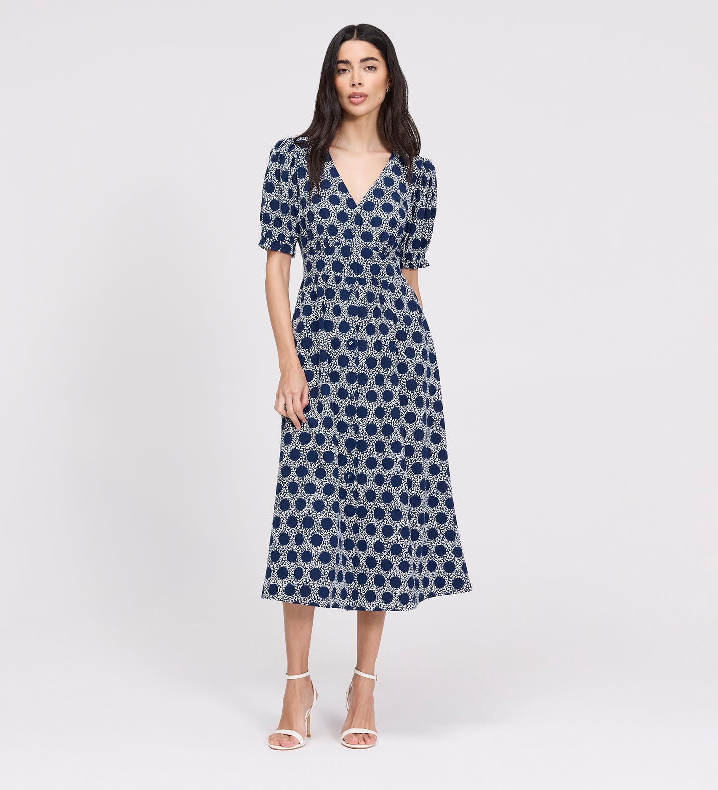 Samantha Navy Polka Dot Button Through Midi Dress