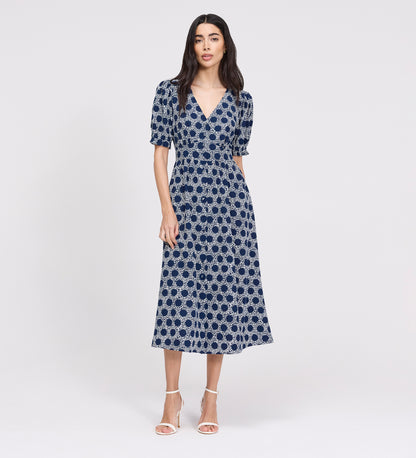 Samantha Navy Polka Dot Button Through Midi Dress