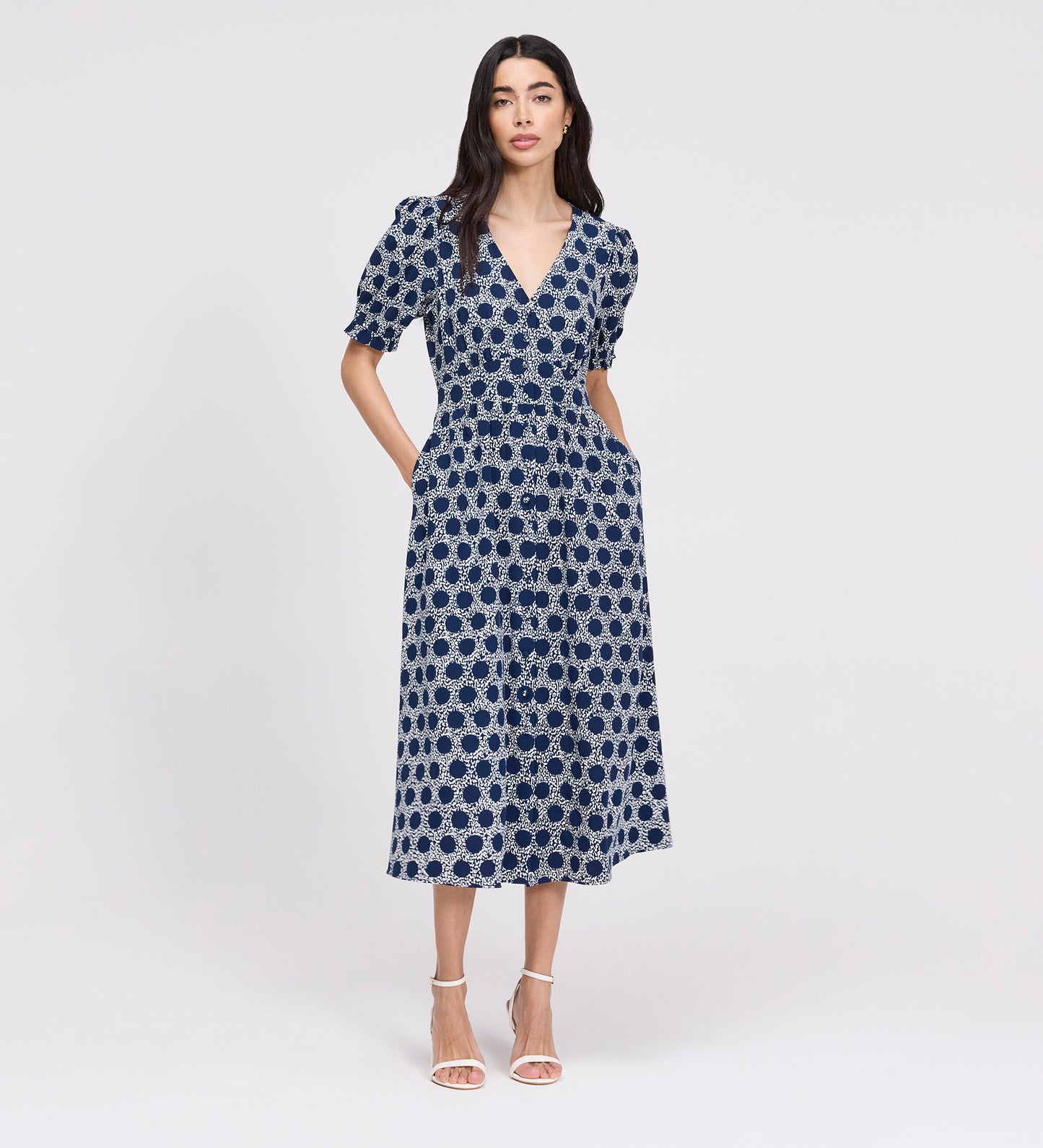 Samantha Navy Polka Dot Button Through Midi Dress