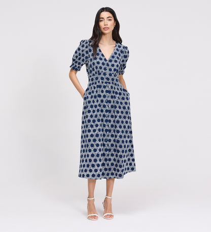 Samantha Navy Polka Dot Button Through Midi Dress