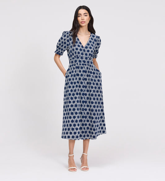 Samantha Navy Polka Dot Button Through Midi Dress