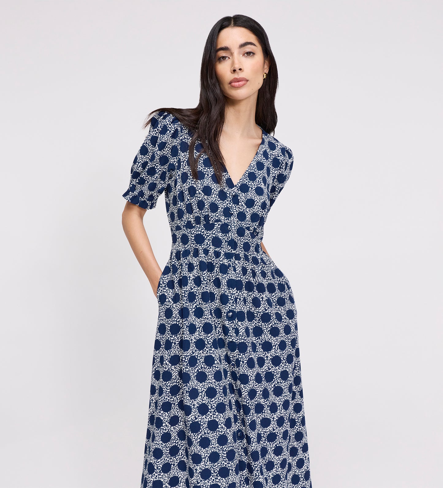 Samantha Navy Polka Dot Button Through Midi Dress