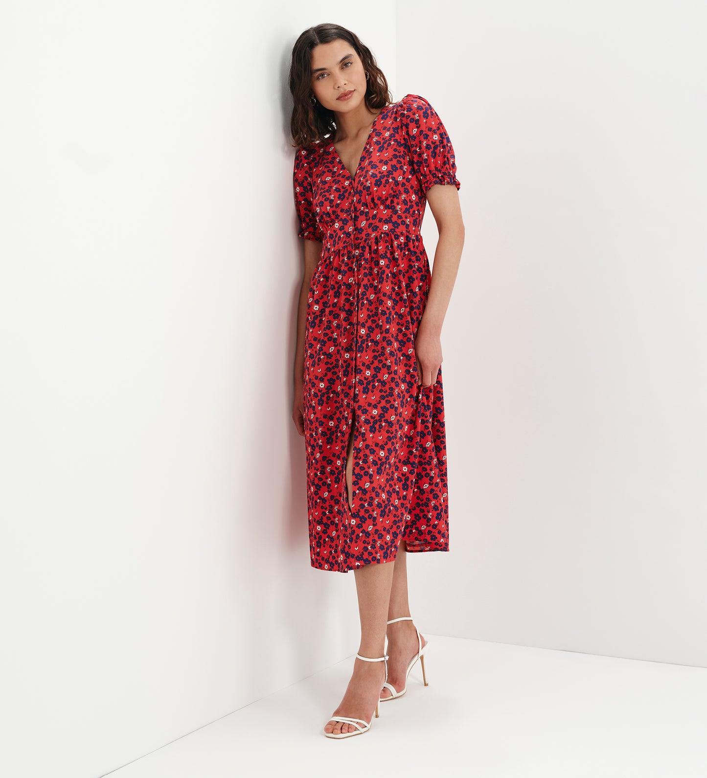 Samantha Red Floral Button Through Midi Dress