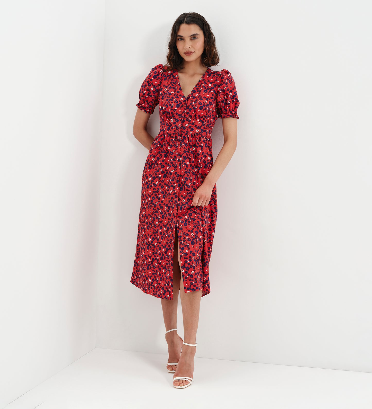 Samantha Red Floral Button Through Midi Dress