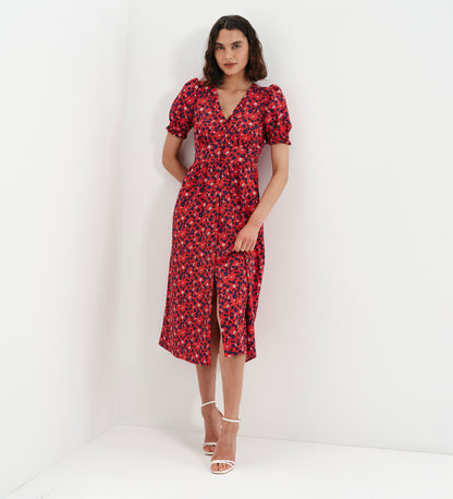 Samantha Red Floral Button Through Midi Dress