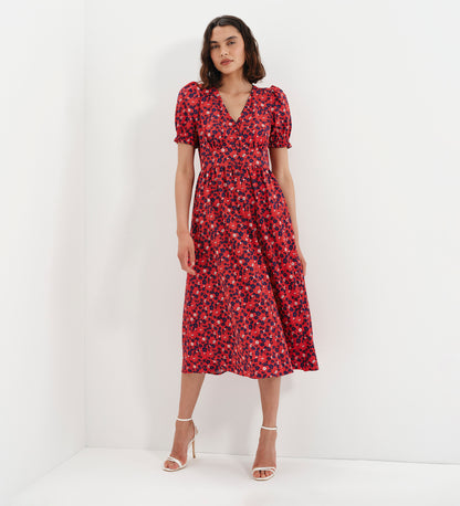 Samantha Red Floral Button Through Midi Dress