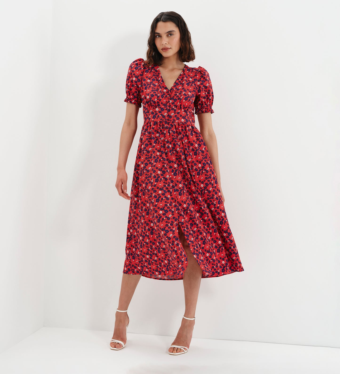 Samantha Red Floral Button Through Midi Dress