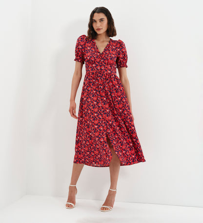 Samantha Red Floral Button Through Midi Dress