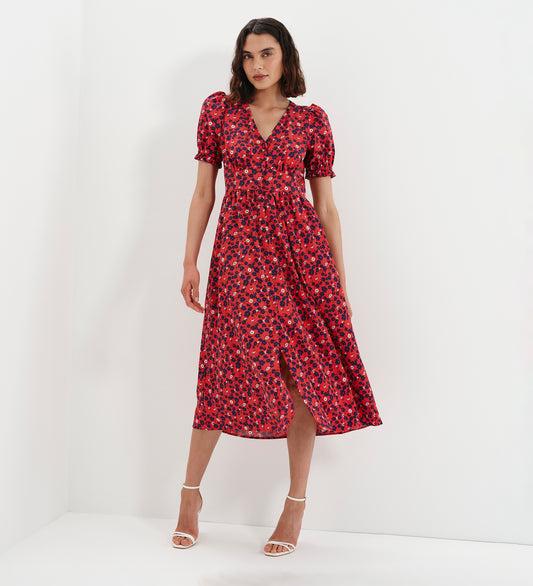 Samantha Red Floral Button Through Midi Dress