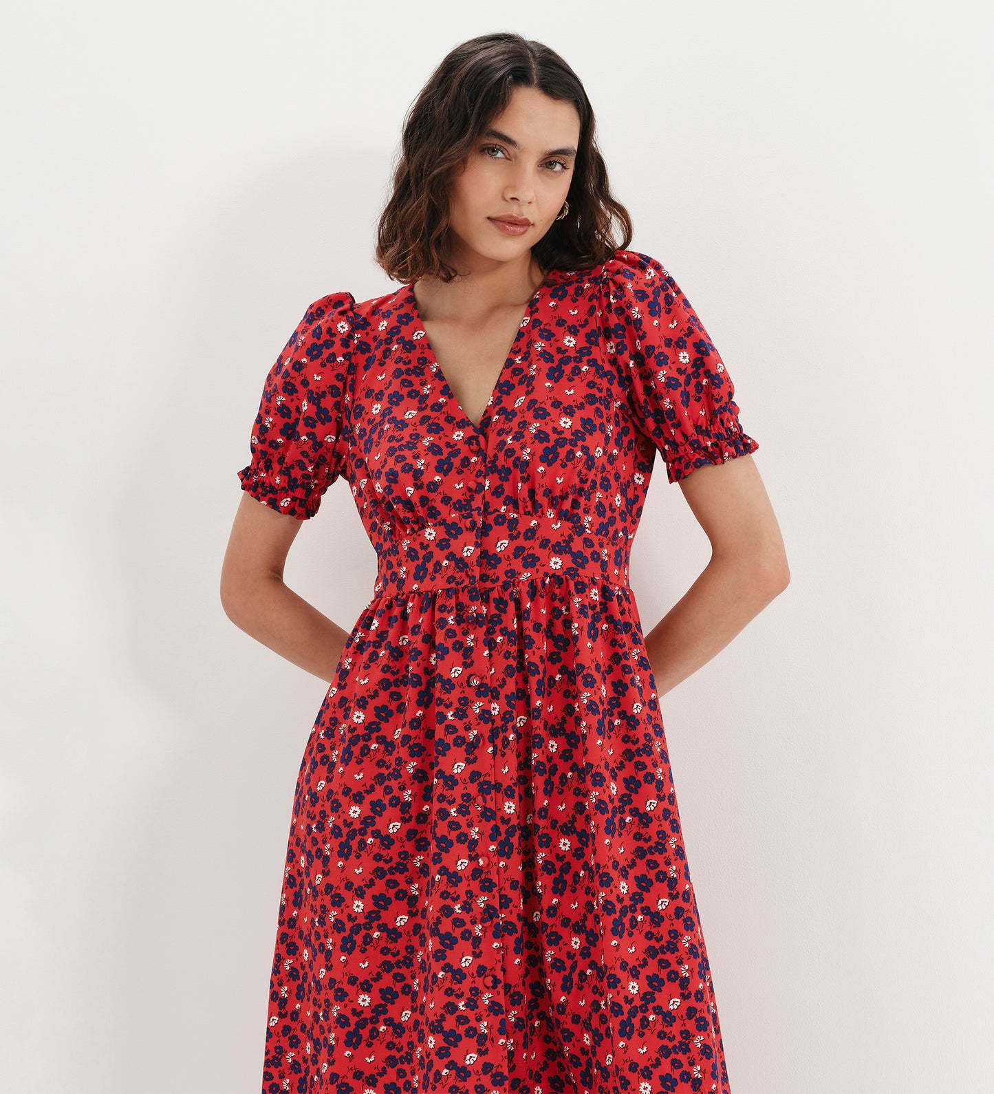 Samantha Red Floral Button Through Midi Dress