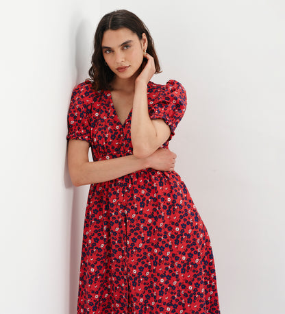 Samantha Red Floral Button Through Midi Dress