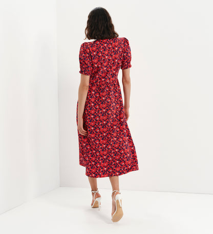 Samantha Red Floral Button Through Midi Dress
