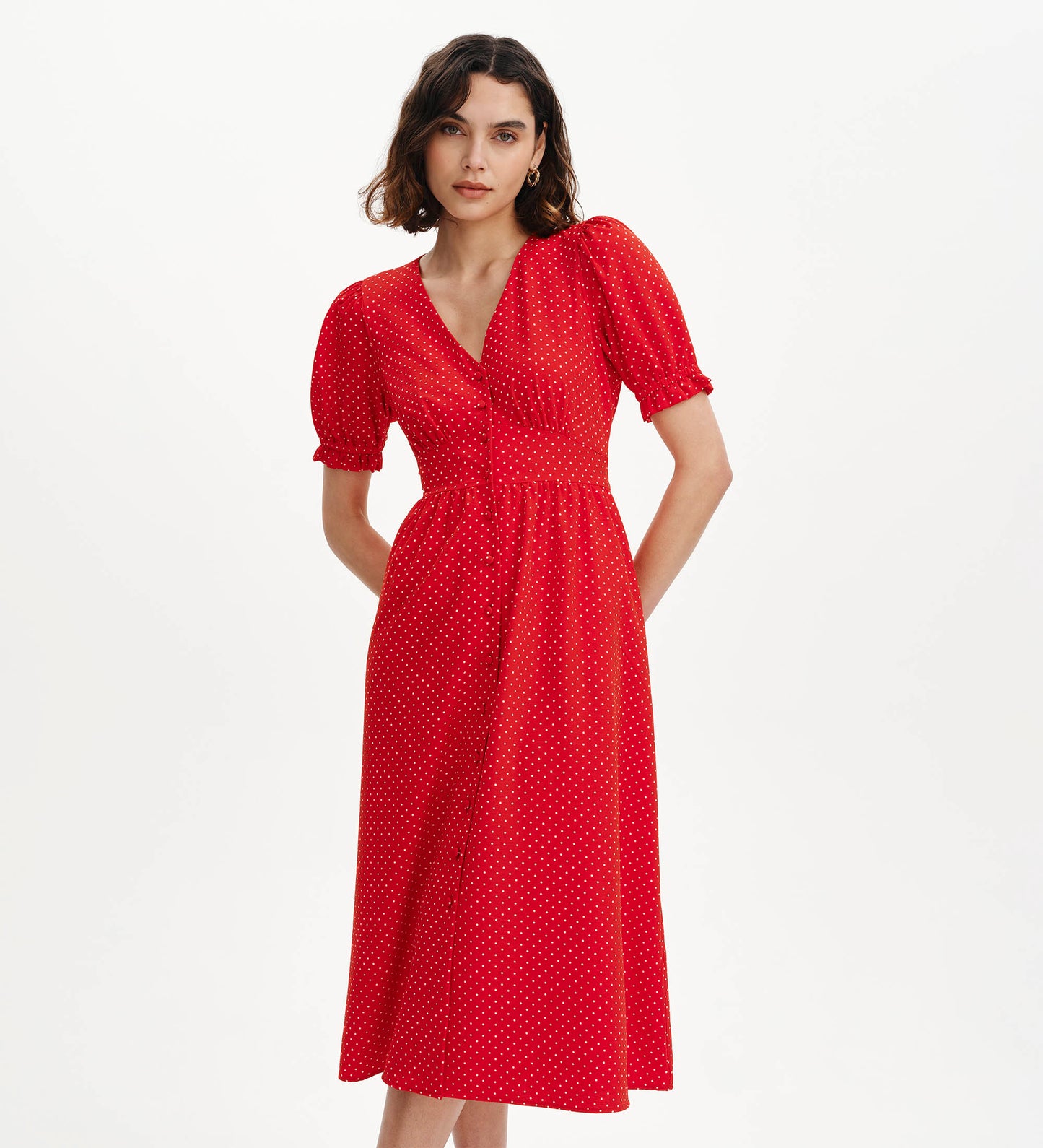 Samantha Red Polka Dot Button Through Midi Dress