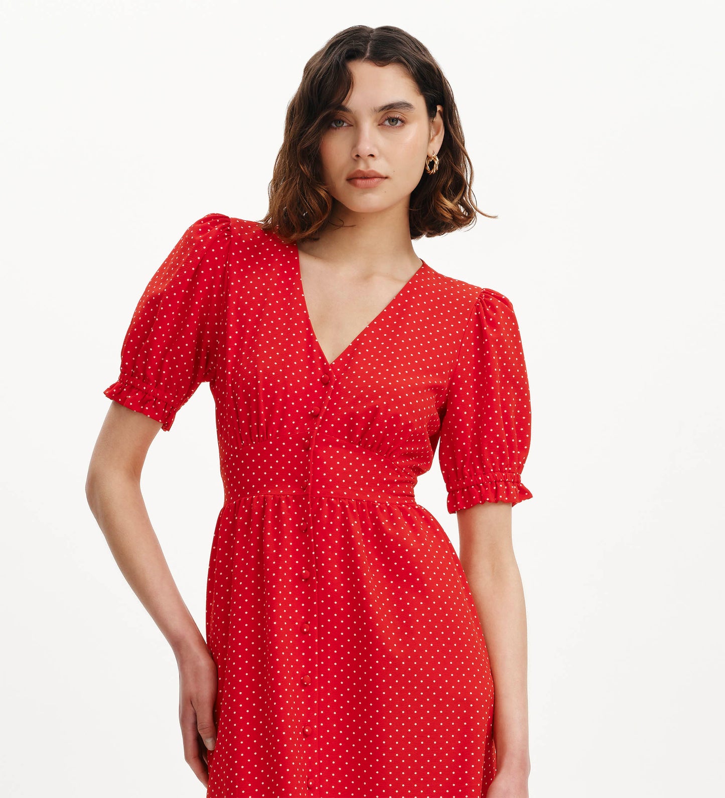 Samantha Red Polka Dot Button Through Midi Dress