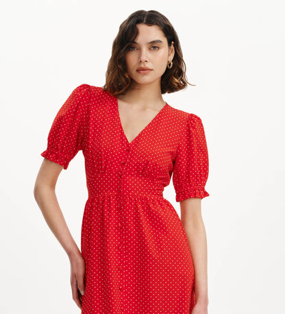 Samantha Red Polka Dot Button Through Midi Dress