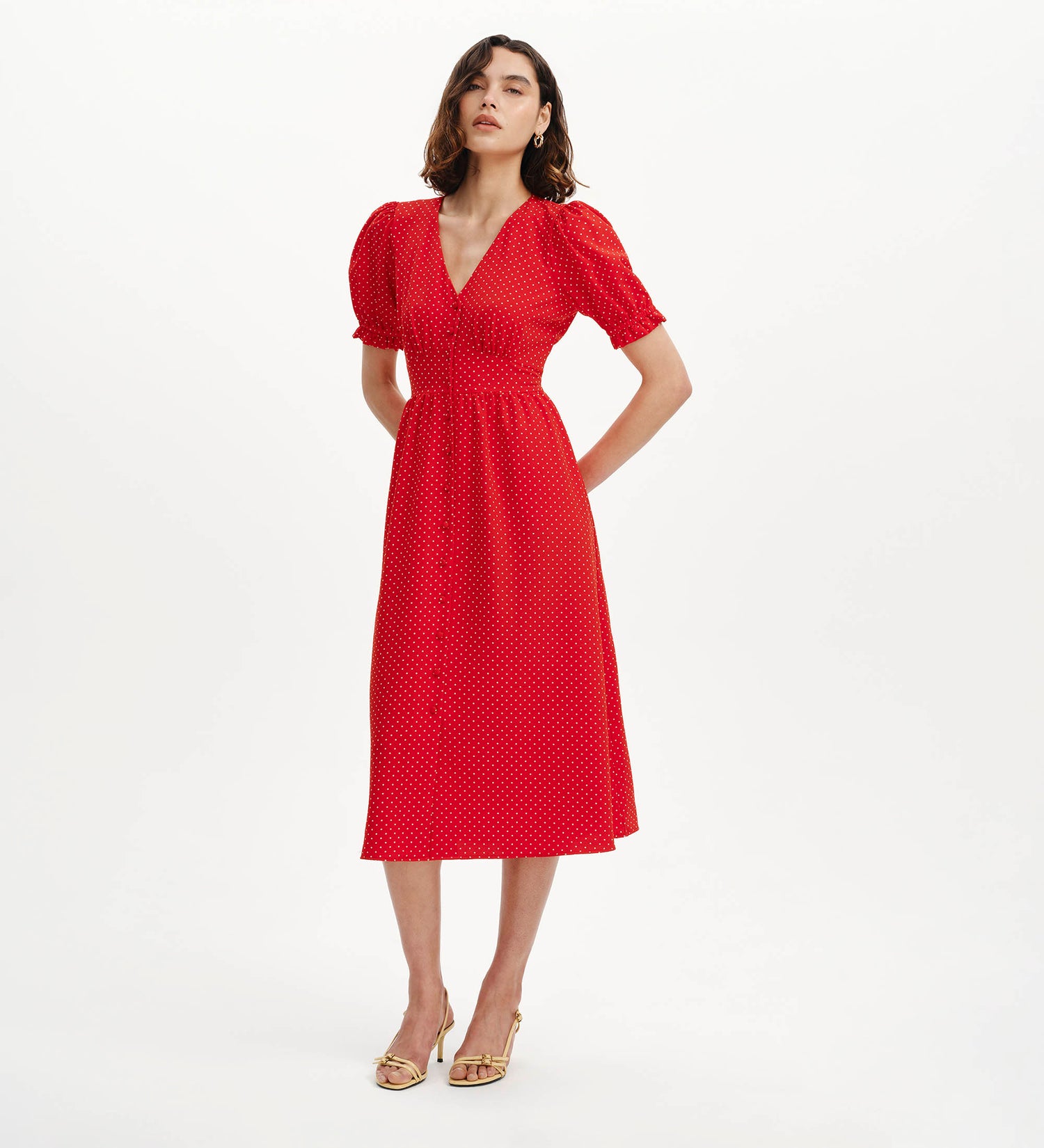 Samantha Red Polka Dot Button Through Midi Dress