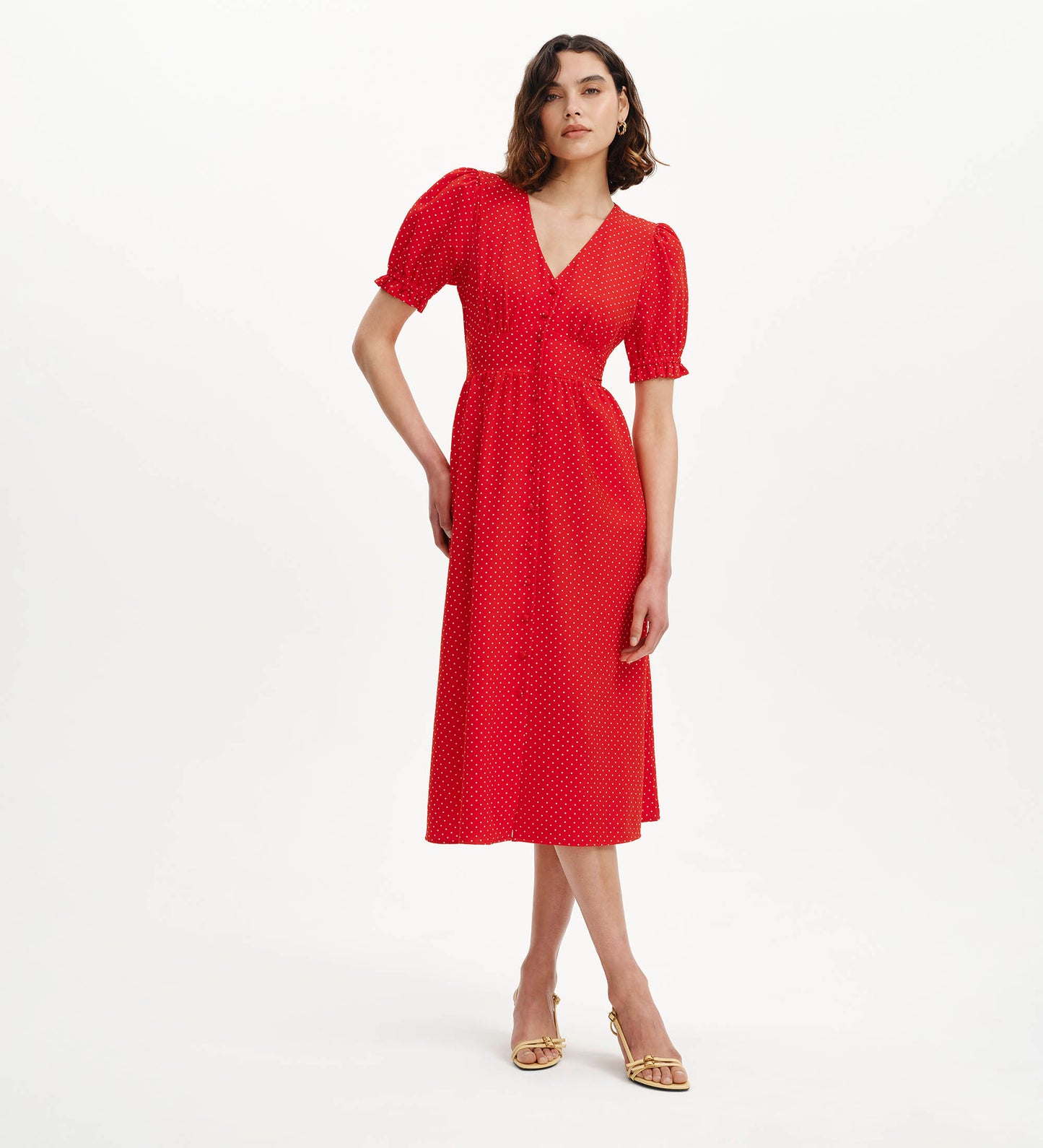 Samantha Red Polka Dot Button Through Midi Dress