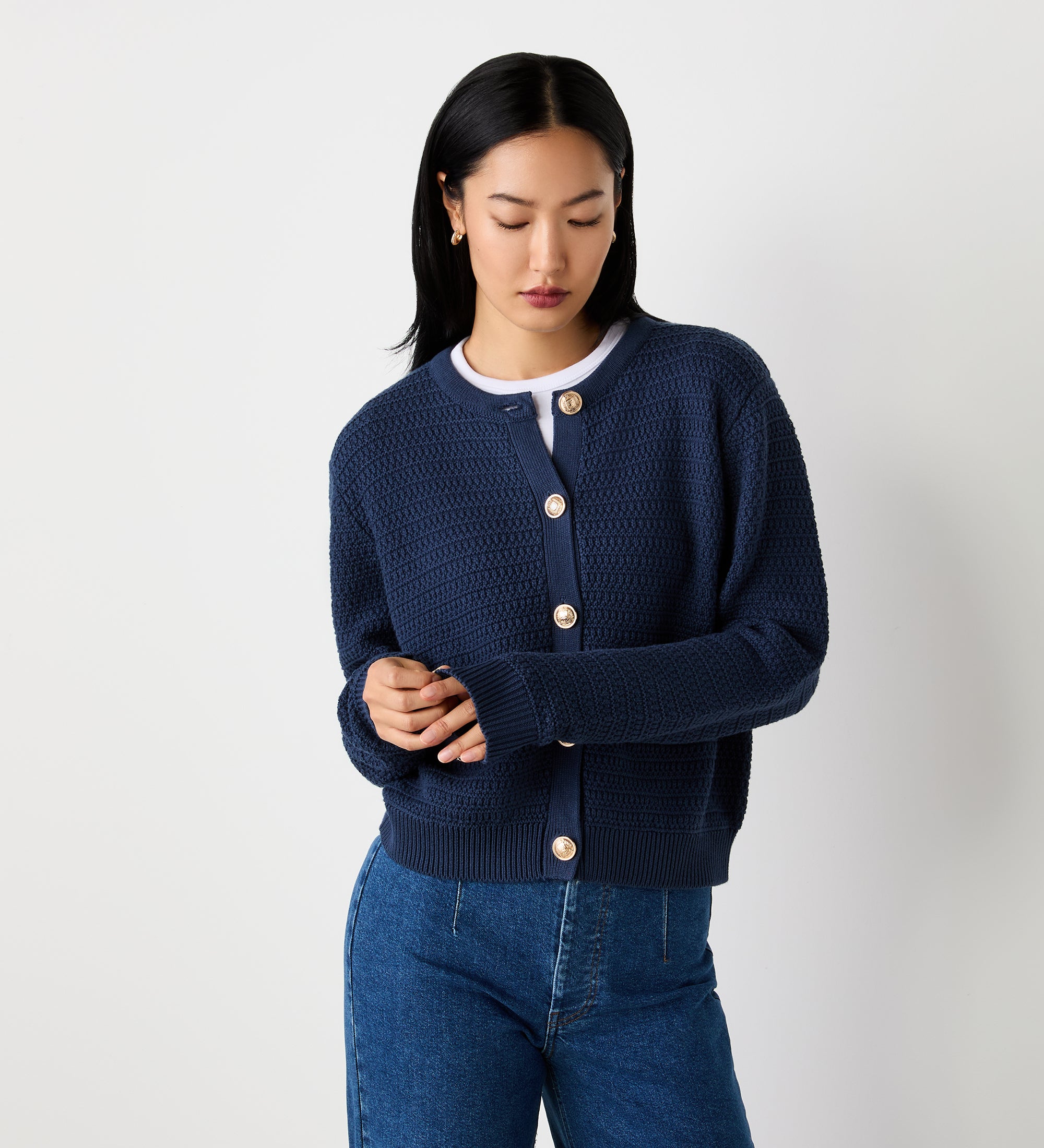 Saskia Dark Navy Button Up Cotton Cardigan – Finery London