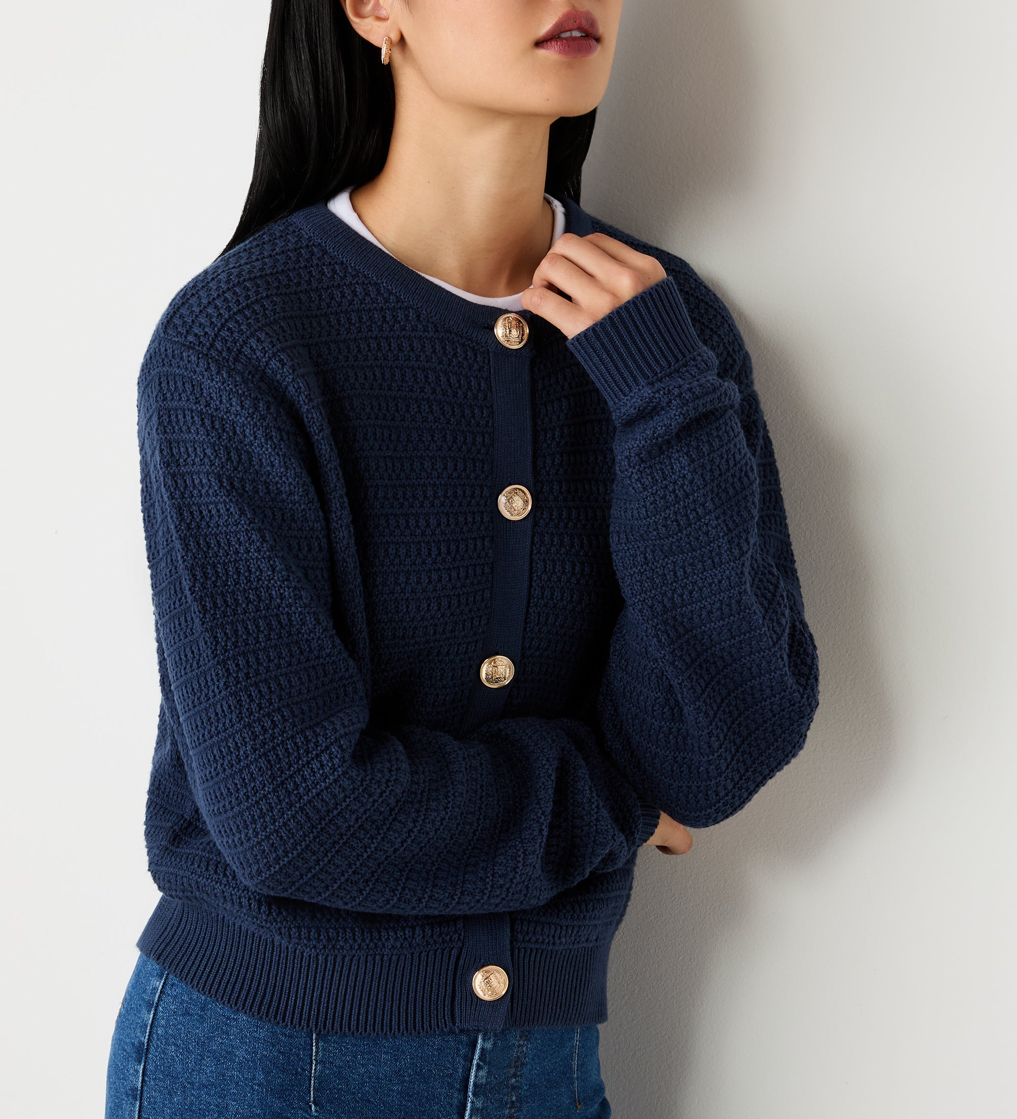 Navy Button Up Cardigan | Chanel Style Jacket | Finery London
