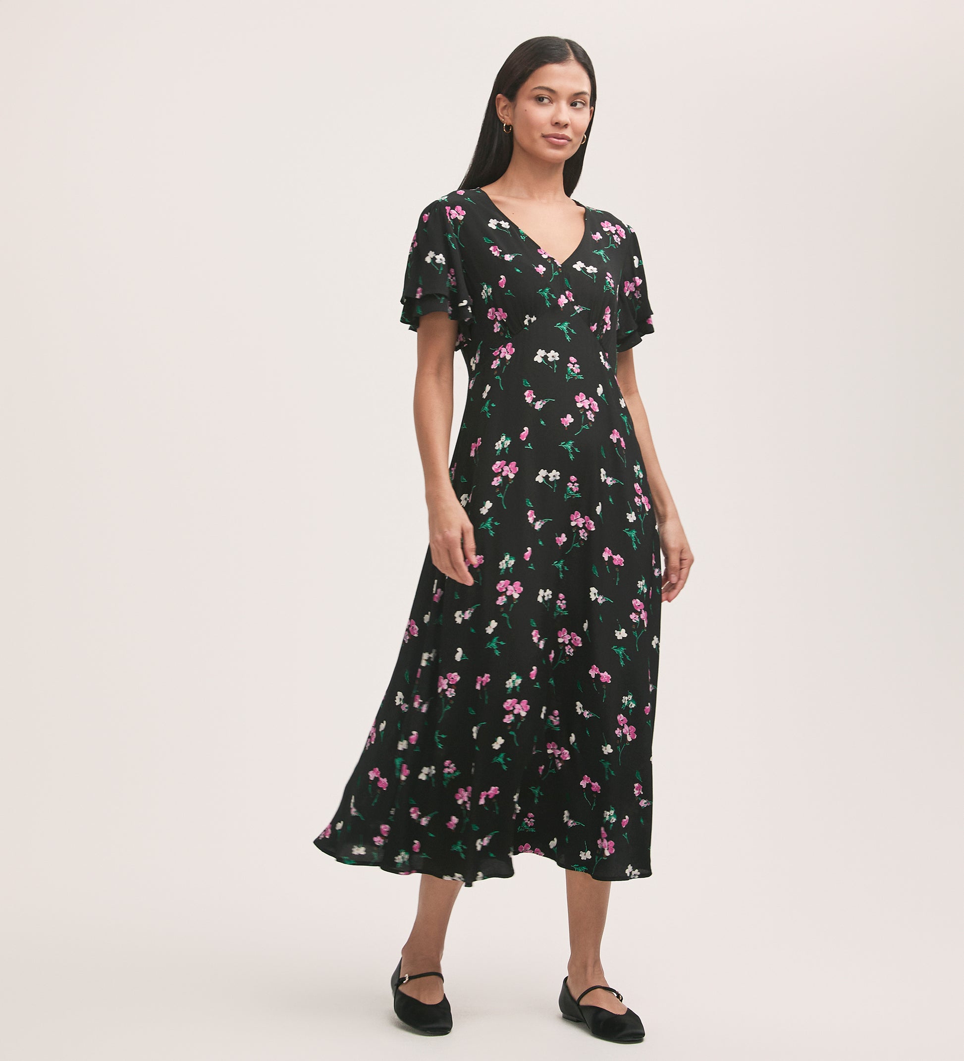 Saskia Black Floral Crepe Midi Tea Dress – Finery London
