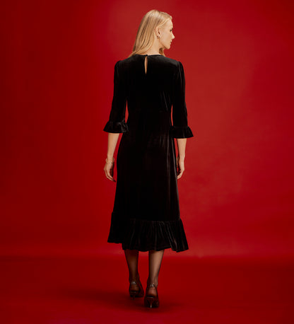Scarlett Black Velvet Ruffle Cuff Tiered Midi Dress