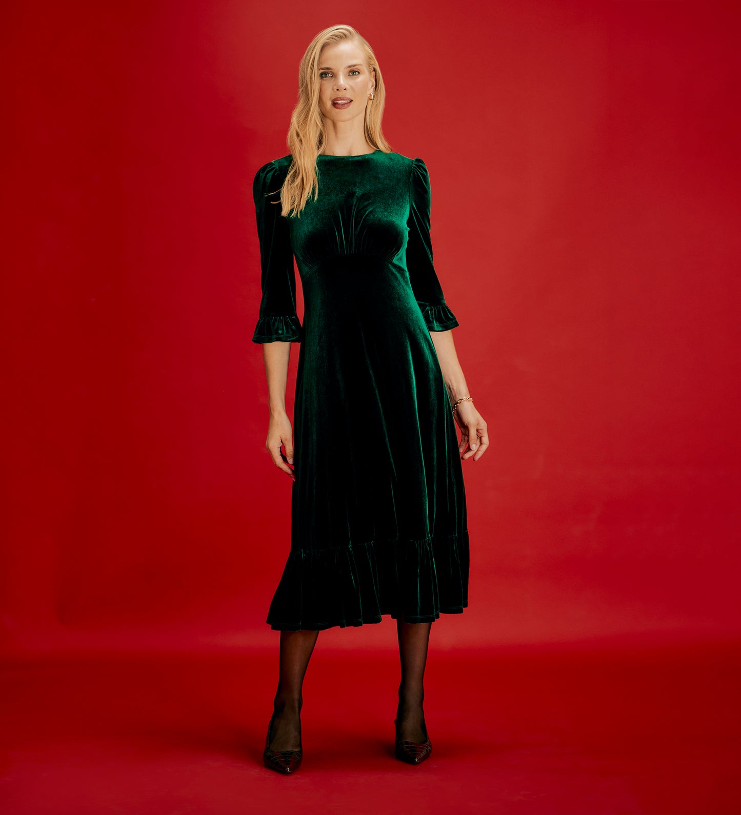 Scarlett Bottle Green Velvet Ruffle Cuff Tiered Midi Dress