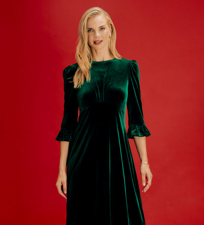 Scarlett Bottle Green Velvet Ruffle Cuff Tiered Midi Dress