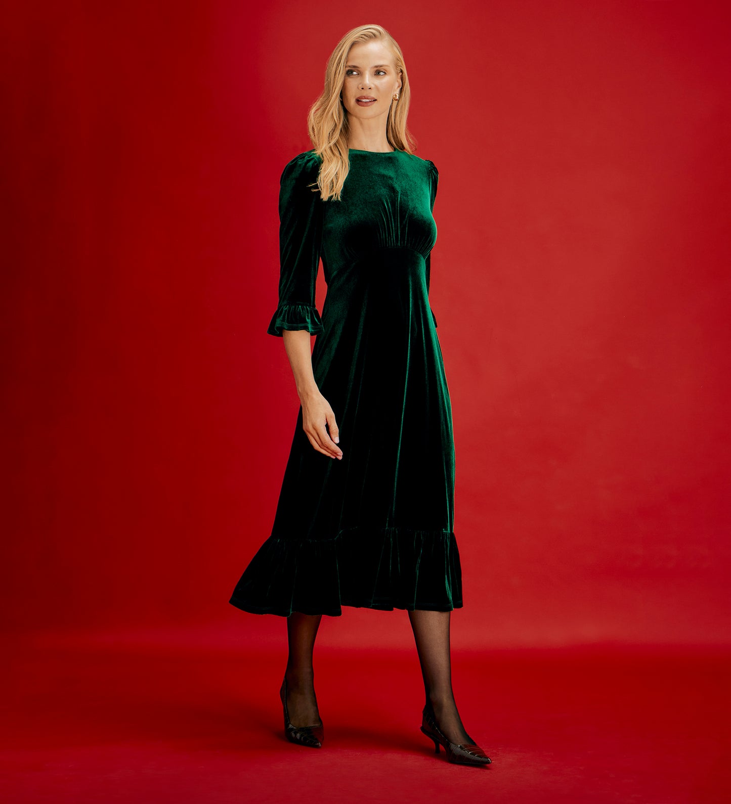 Scarlett Bottle Green Velvet Ruffle Cuff Tiered Midi Dress