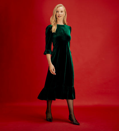 Scarlett Bottle Green Velvet Ruffle Cuff Tiered Midi Dress