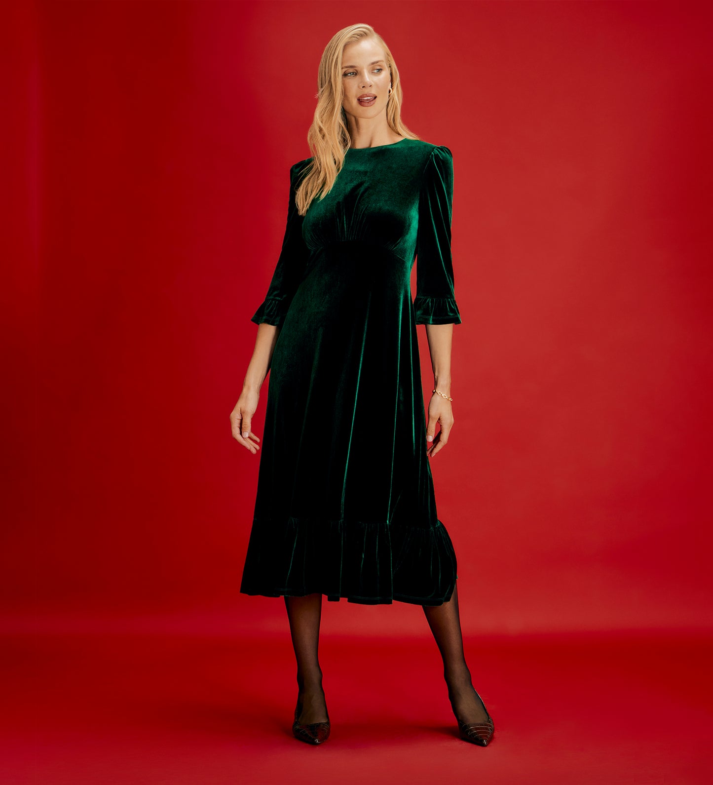 Scarlett Bottle Green Velvet Ruffle Cuff Tiered Midi Dress