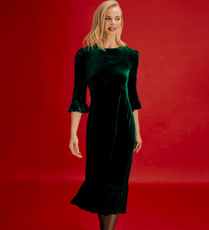 Scarlett Bottle Green Velvet Ruffle Cuff Tiered Midi Dress