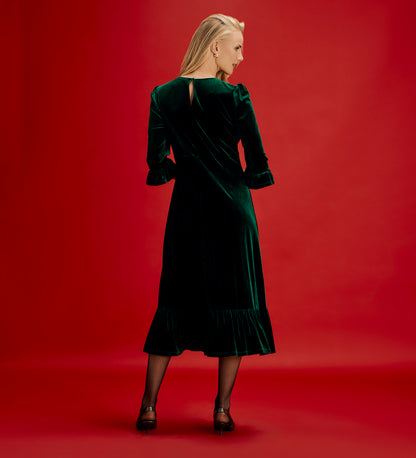 Scarlett Bottle Green Velvet Ruffle Cuff Tiered Midi Dress