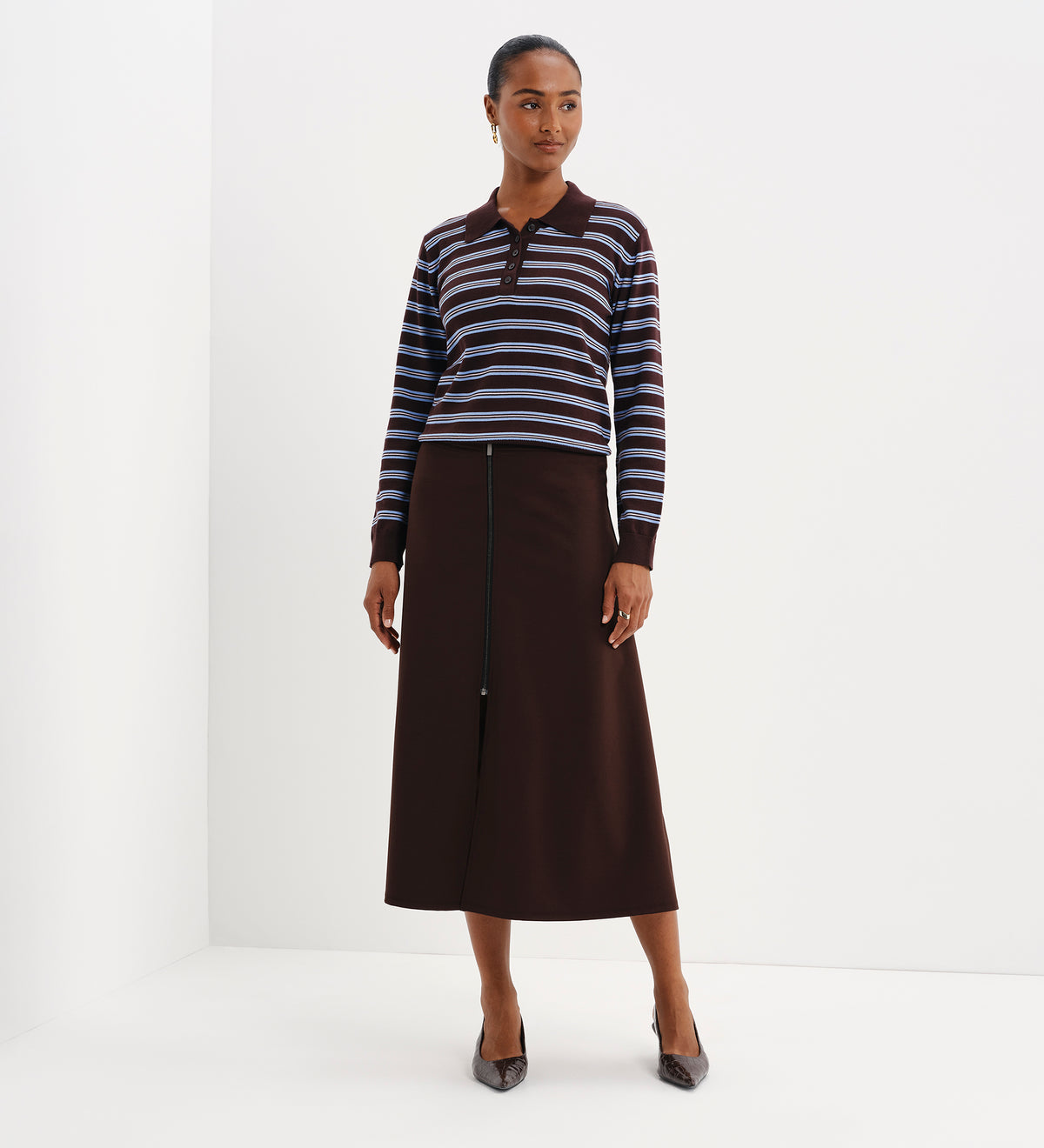 Selene Brown Stripe Organic Cotton Polo Neck Jumper