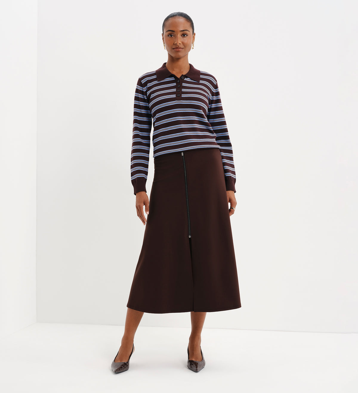 Selene Brown Stripe Organic Cotton Polo Neck Jumper