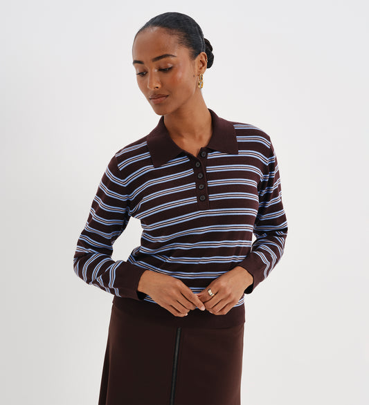 Selene Brown Stripe Organic Cotton Polo Neck Jumper