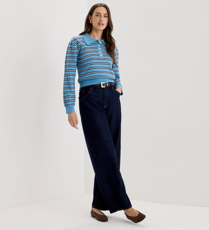 Selene Blue Stripe Organic Cotton Polo Neck Jumper