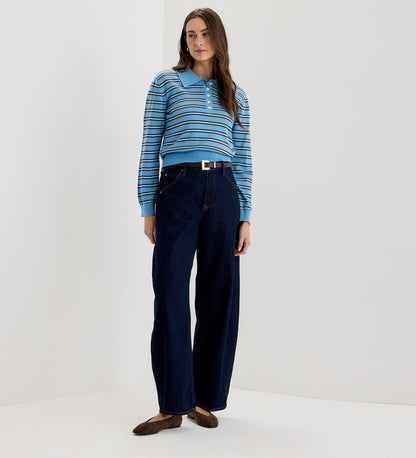 Selene Blue Stripe Organic Cotton Polo Neck Jumper