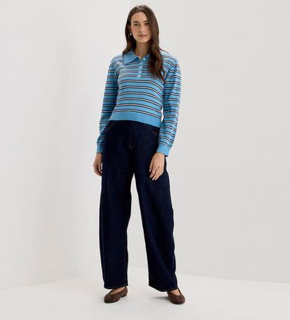 Selene Blue Stripe Organic Cotton Polo Neck Jumper