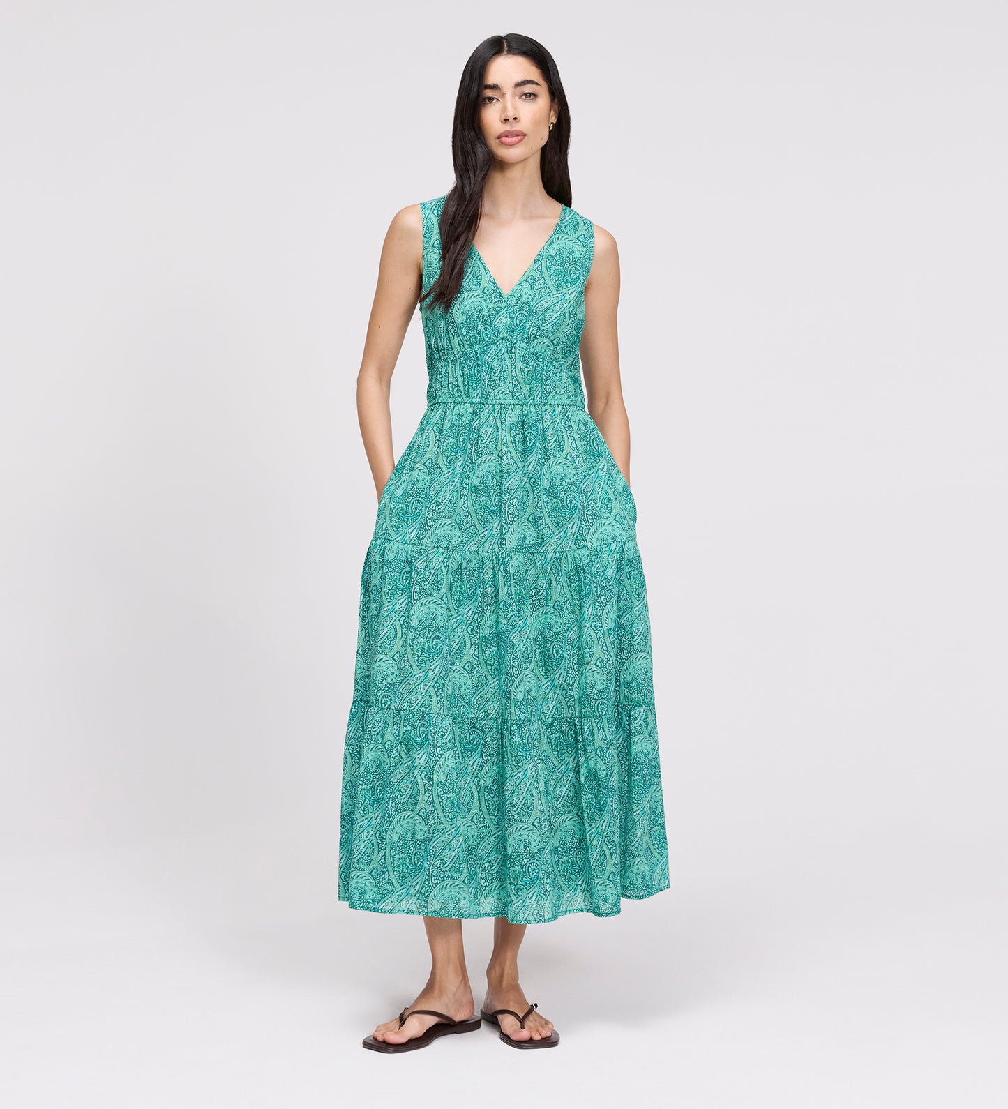 Shannon Green Paisley Cotton Voile Tiered Midi Dress